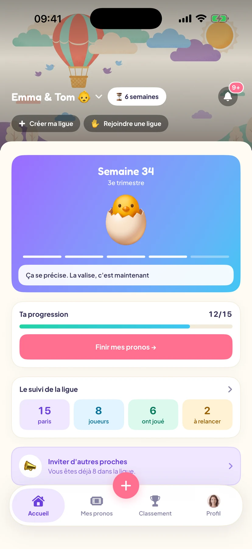 L'accueil de la ligue Emma & Tom : semaine 34, la progression à 12 pronos sur 15, et le suivi de la ligue