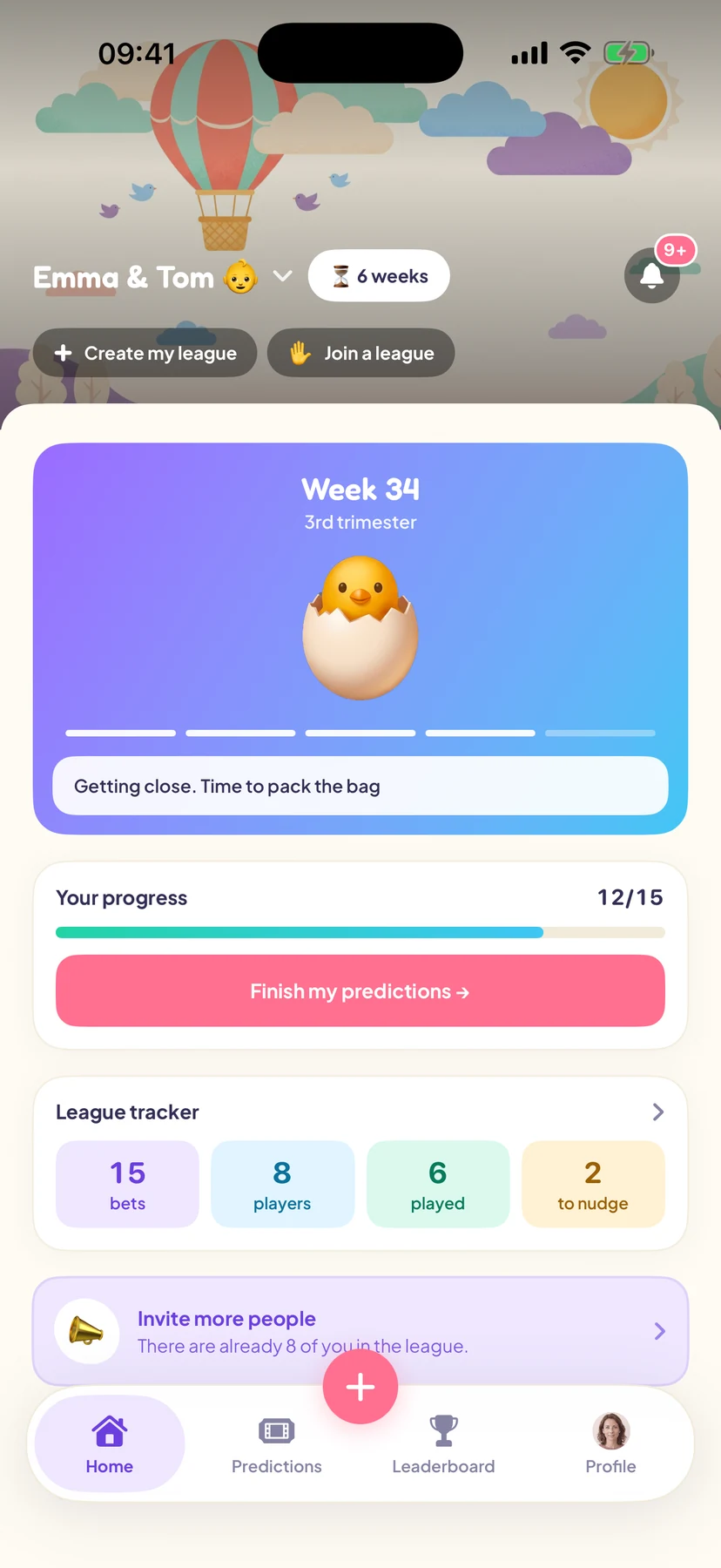 The Emma & Tom league home screen: week 34, progress at 12 predictions out of 15, and the league updates