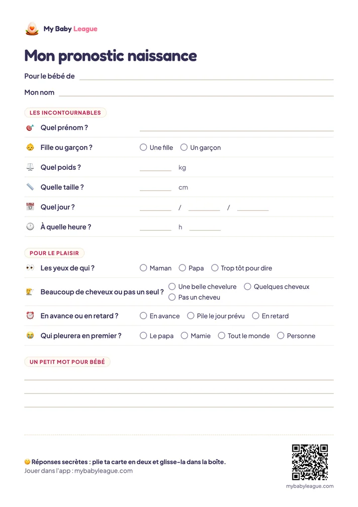 La carte de pronostic naissance : le prénom, fille ou garçon, le poids, la taille, le jour et l'heure, quatre questions pour le plaisir et une place pour un petit mot à bébé.